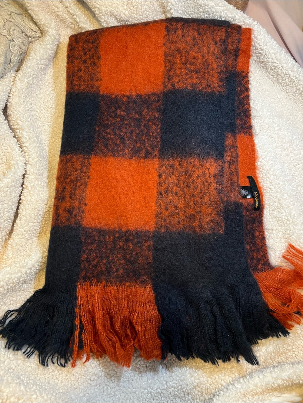 Scarf- Large Orange and Navy Buffalo Check